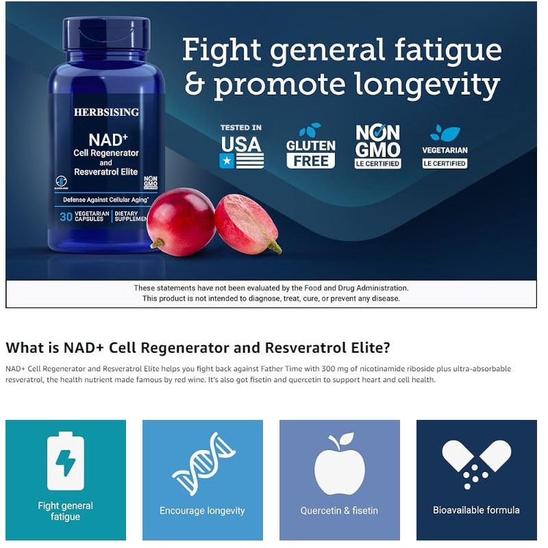 NAD Cell Regenerator And Resveratrol Elite, NIAGEN Nicotinamide Riboside, Trans-resveratrol, Quercetin, Fisetin, For Longevity, Energy, And Oxidative Stress, 30 Vegetarian Capsule