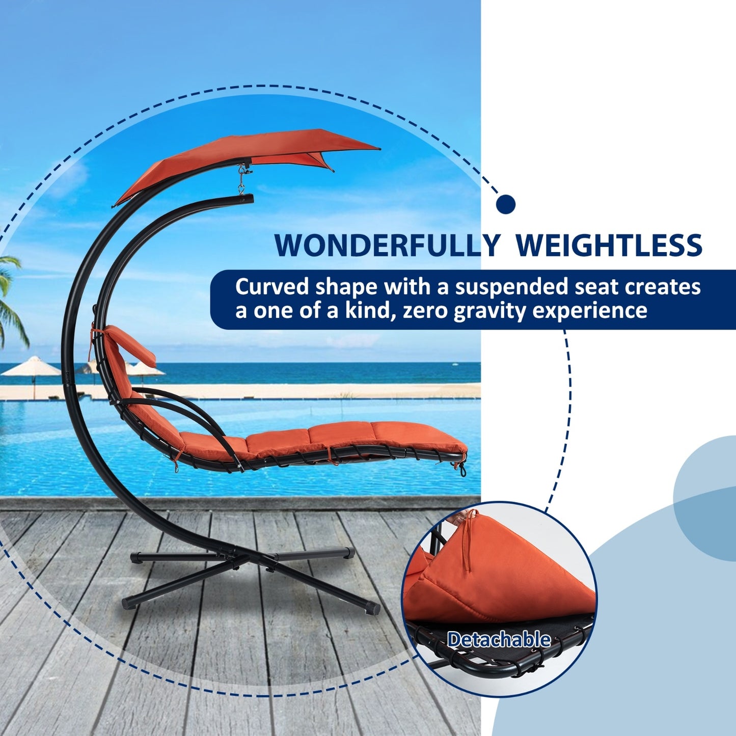 Hanging Chaise Lounger With Removable Canopy, Outdoor Swing Chair With Built-in Pillow, Hanging Curv