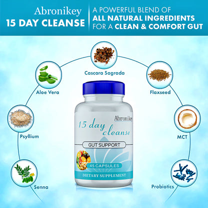 Abronikey 15 Day Purification Intestinal And Colon Support Caffeine Free 1 Advanced Formula Containing Senna Leaves, Rat Plum Skin, And Psyllium Husks, 30 Non GMO Capsules Healthcare Supplement