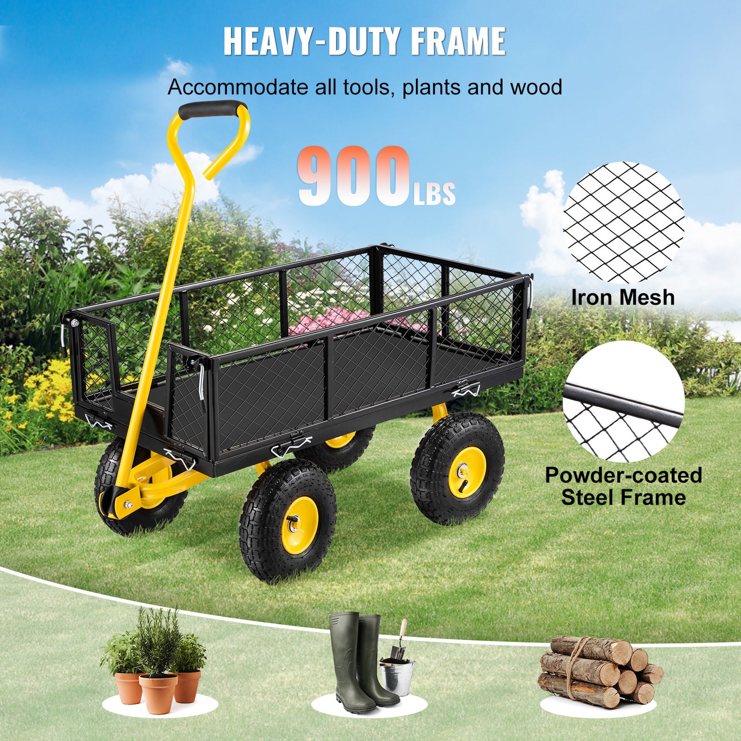 VEVOR Steel Garden Cart, Heavy Duty 900 Lbs Capacity, With Removable Mesh Sides To Convert Into Flatbed, Utility Metal Wagon With Rotating Handle And 10 In Tires, Perfect For Garden, Farm, Yard