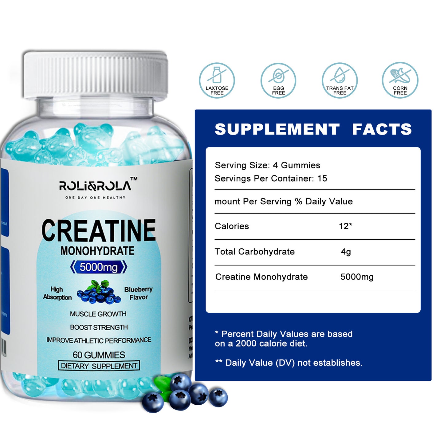 High Strength Creatine Monohydrate Gummies, Blueberry Flavored Creatine Gummies Monohydrate - 60 Gummies X 2 Bottles