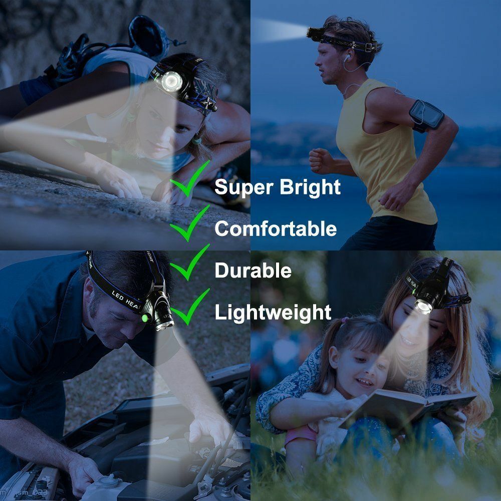 LED Head Torch Headlight Camping Headlamp Rechargeable Waterproof Fishing Light