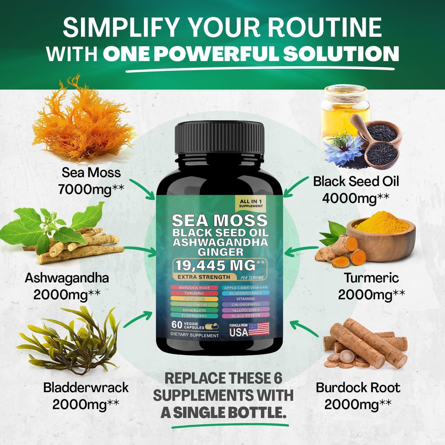 Sea Moss Supplement, 19,445 MG All-in-One Formula With Over 15 Super Ingredients, Extra Strength High Potency, 60 Capsules