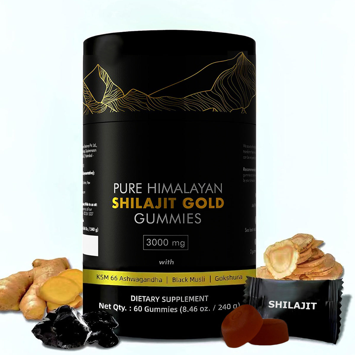 Pure Himalayan Shilajit Gummies Gold  Lab Tested No Added Sugar  Ashwagandha, GokshuraFulvic Acid & 85 Trace Minerals  For Men, Women  Non-GMO   Natural & Organic 60 Gummy