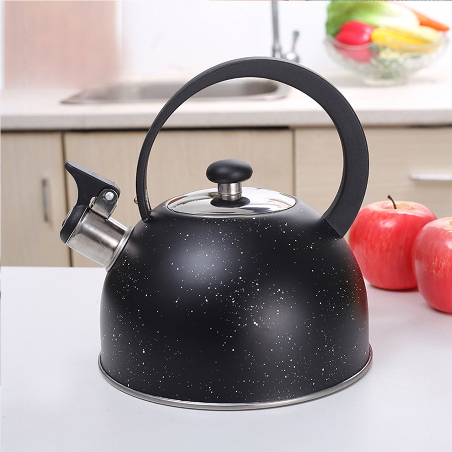 Whistling Kettle Stainless Steel Large Diameter Spout Moon Shape Handle Stovetop Teapot 2.5L Black