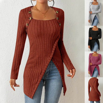 Square Collar Irregular Knitted Top With Button Design Fashion Solid Long-sleeved Long Top For Women Clothing