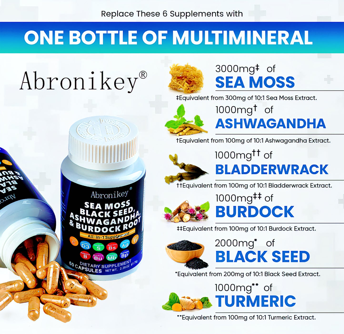 Abronikey Sea Moss, 120 CapsulesImmune Support Digestive Health Natural Sea Moss Supplement Rich In Minerals & Vitamins