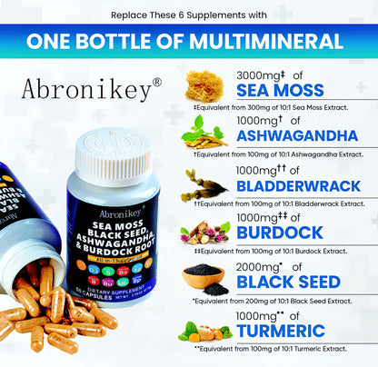 Abronikey Sea Moss, 120 CapsulesImmune Support Digestive Health Natural Sea Moss Supplement Rich In Minerals & Vitamins