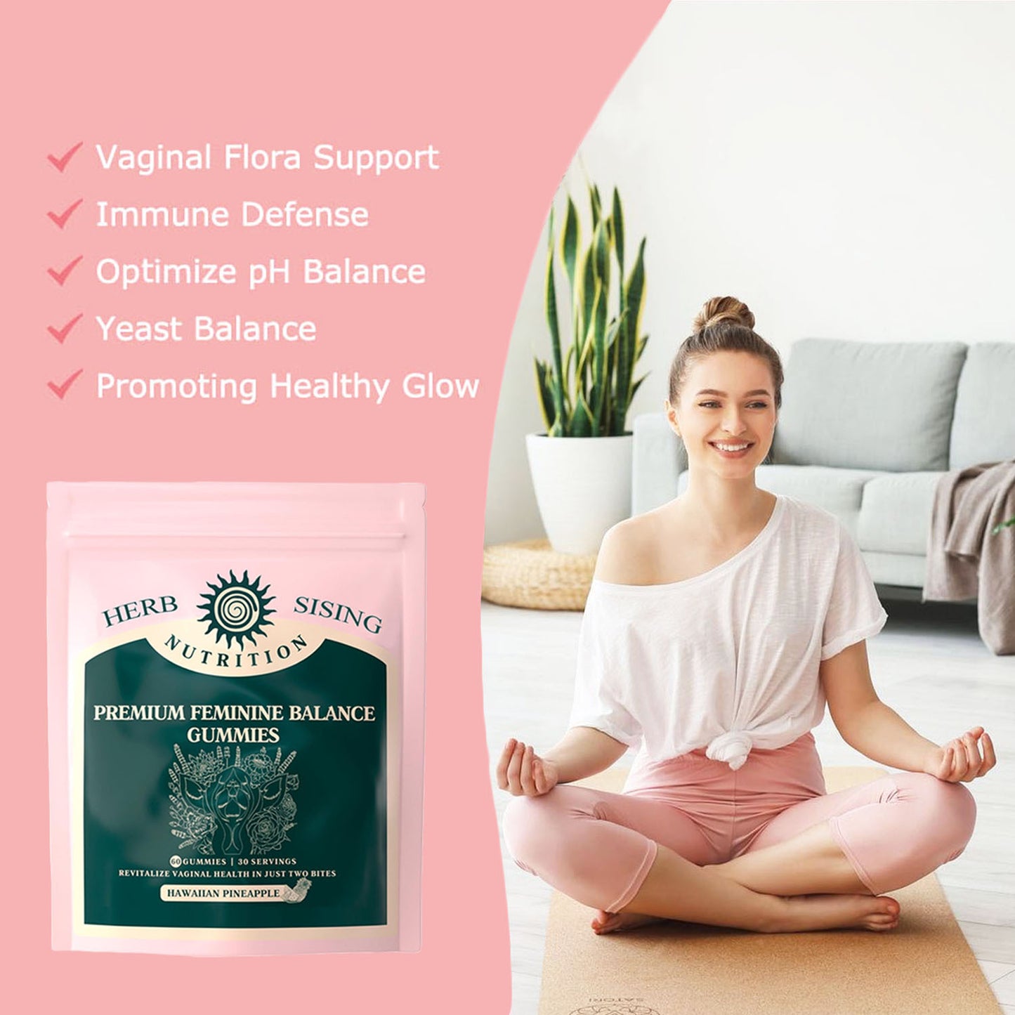 Premium Feminine Balance Gummies For Women's Vital Health, Wellness And Immune Support, Hawaiian Pineapple Flavor, Vegan, Gluten-Free & Halal, 30 Servings