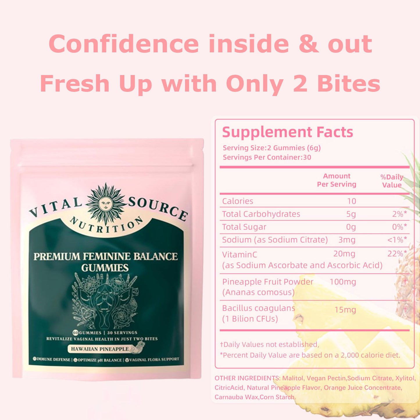 Premium Feminine Balance Gummies Gummy For Women's Vital Health Gut Health - Immune Support - Vegan, Gluten-Free & Halal - Hawaiian Pineapple - 60 Gummies - 30 Servings