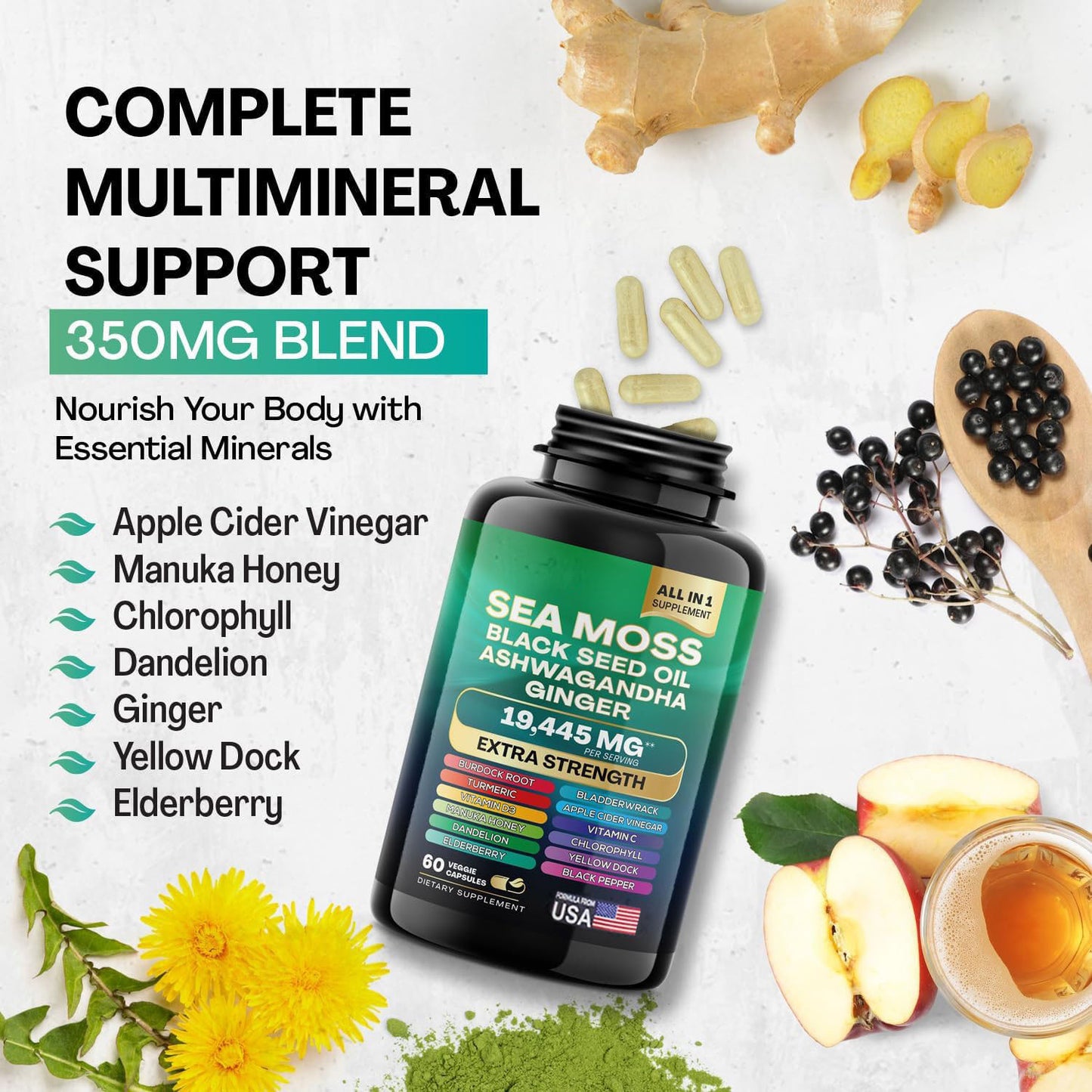 Sea Moss Supplement, 19,445 MG All-in-One Formula With Over 15 Super Ingredients, Extra Strength High Potency, 60 Capsules