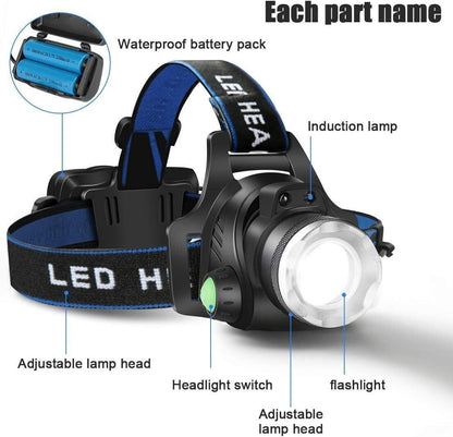 T6 Headlamp Rechargeable 350000LM LED Zoom  Headlight Head Torch USB Line