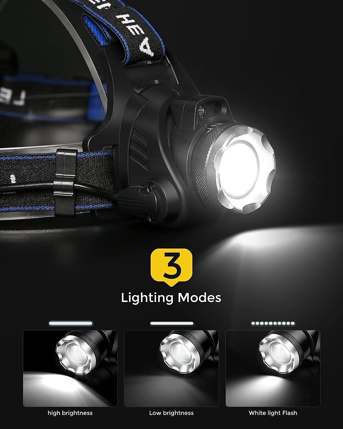 T6 Headlamp Rechargeable 350000LM LED Zoom  Headlight Head Torch USB Line