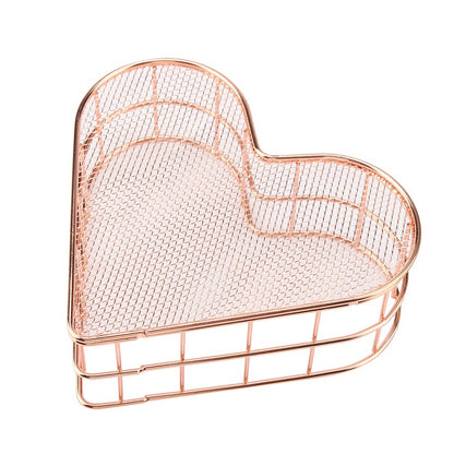 Multifunctional Anti rust Iron Heart Shape Storage Basket Household Office(Rose Golden)