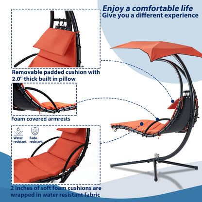 Hanging Chaise Lounger With Removable Canopy, Outdoor Swing Chair With Built-in Pillow, Hanging Curv