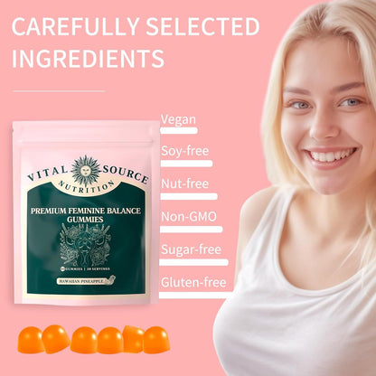 Premium Feminine Balance Gummies Gummy For Women's Vital Health Gut Health - Immune Support - Vegan, Gluten-Free & Halal - Hawaiian Pineapple - 60 Gummies - 30 Servings