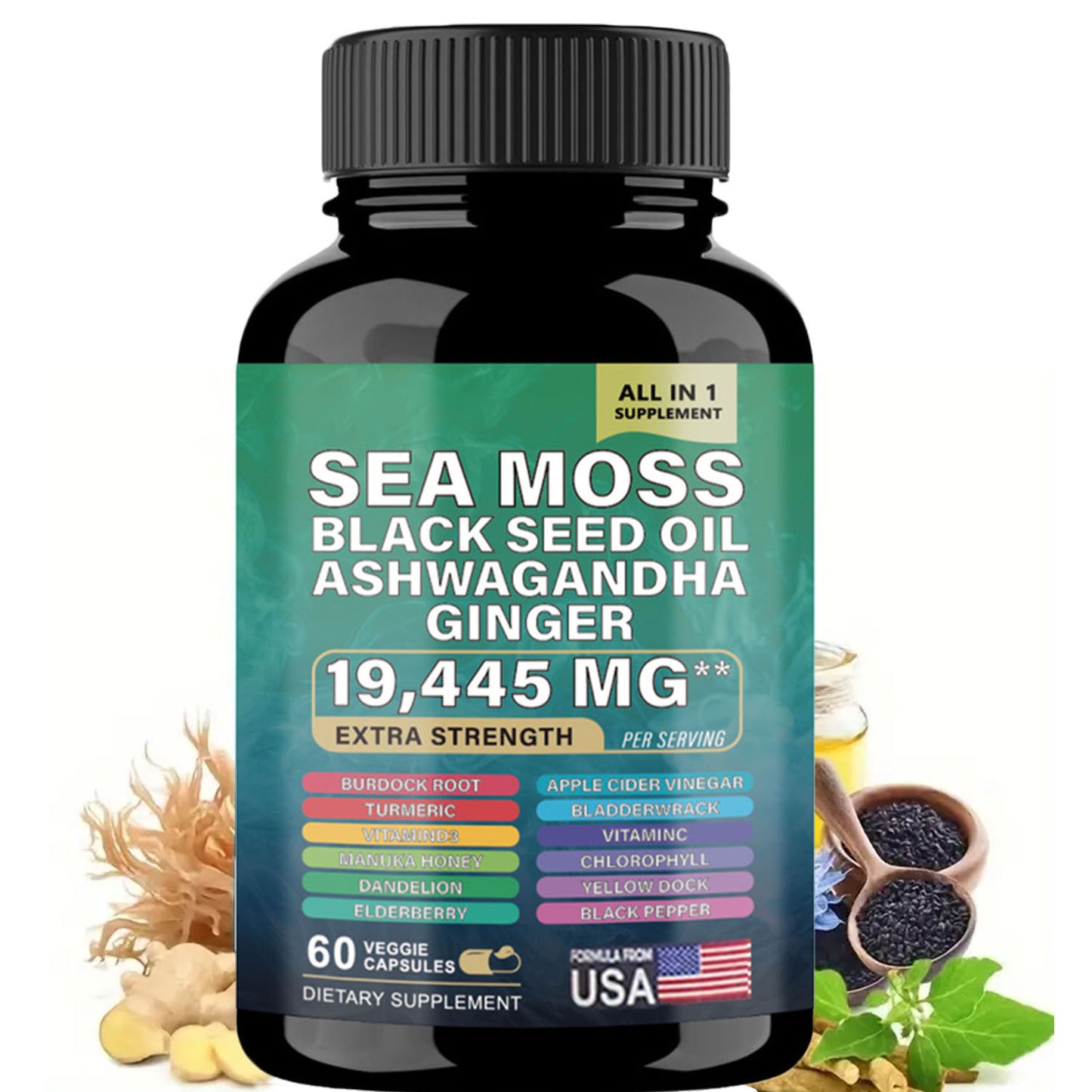 Sea Moss Supplement, 19,445 MG All-in-One Formula With Over 15 Super Ingredients, Extra Strength High Potency, 60 Capsules