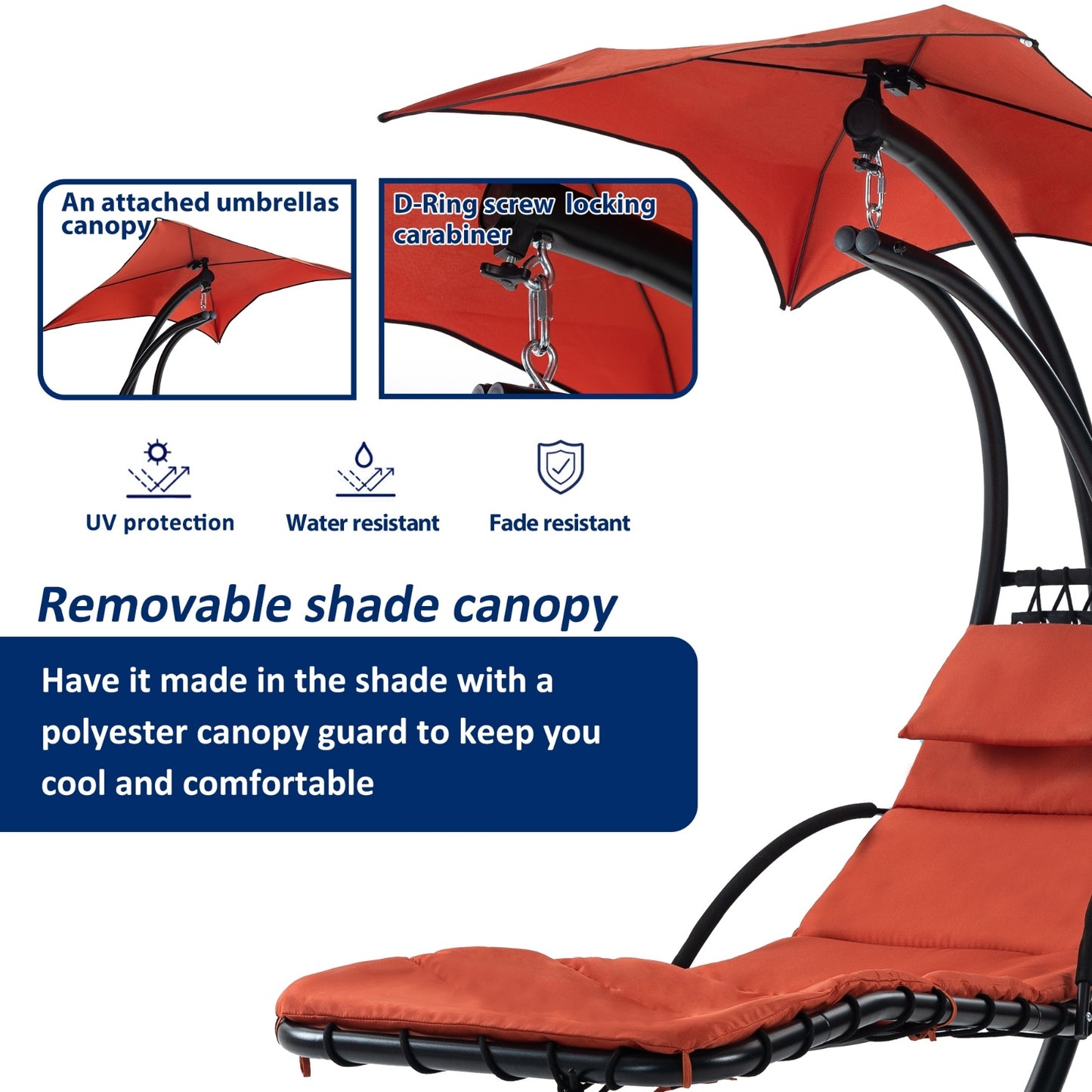 Hanging Chaise Lounger With Removable Canopy, Outdoor Swing Chair With Built-in Pillow, Hanging Curv