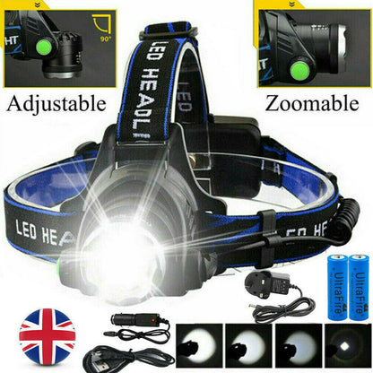 T6 Headlamp Rechargeable 350000LM LED Zoom  Headlight Head Torch USB Line