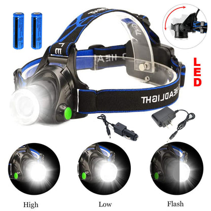 LED Head Torch Headlight Camping Headlamp Rechargeable Waterproof Fishing Light