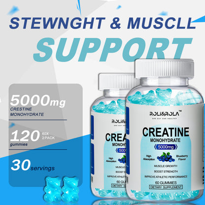 High Strength Creatine Monohydrate Gummies, Blueberry Flavored Creatine Gummies Monohydrate - 60 Gummies X 2 Bottles