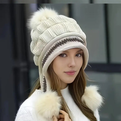 Cozy Knit Fleece-Feel Beanie With Ear Flaps & Pompom Warm Winter Hat For Women Perfect For Skiing & Outdoor Activities