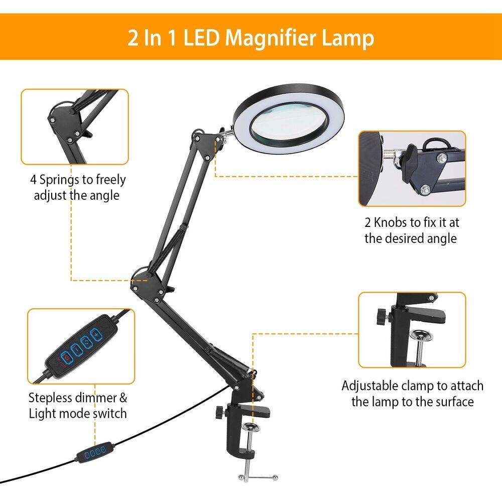 Magnifying Glass Desk Light Magnifier LED Lamp Reading Lamp With Base& Clamp 10X