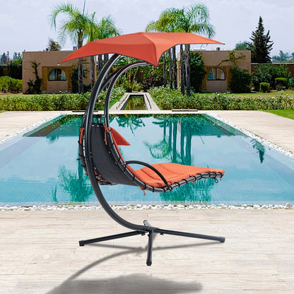 Hanging Chaise Lounger With Removable Canopy, Outdoor Swing Chair With Built-in Pillow, Hanging Curv