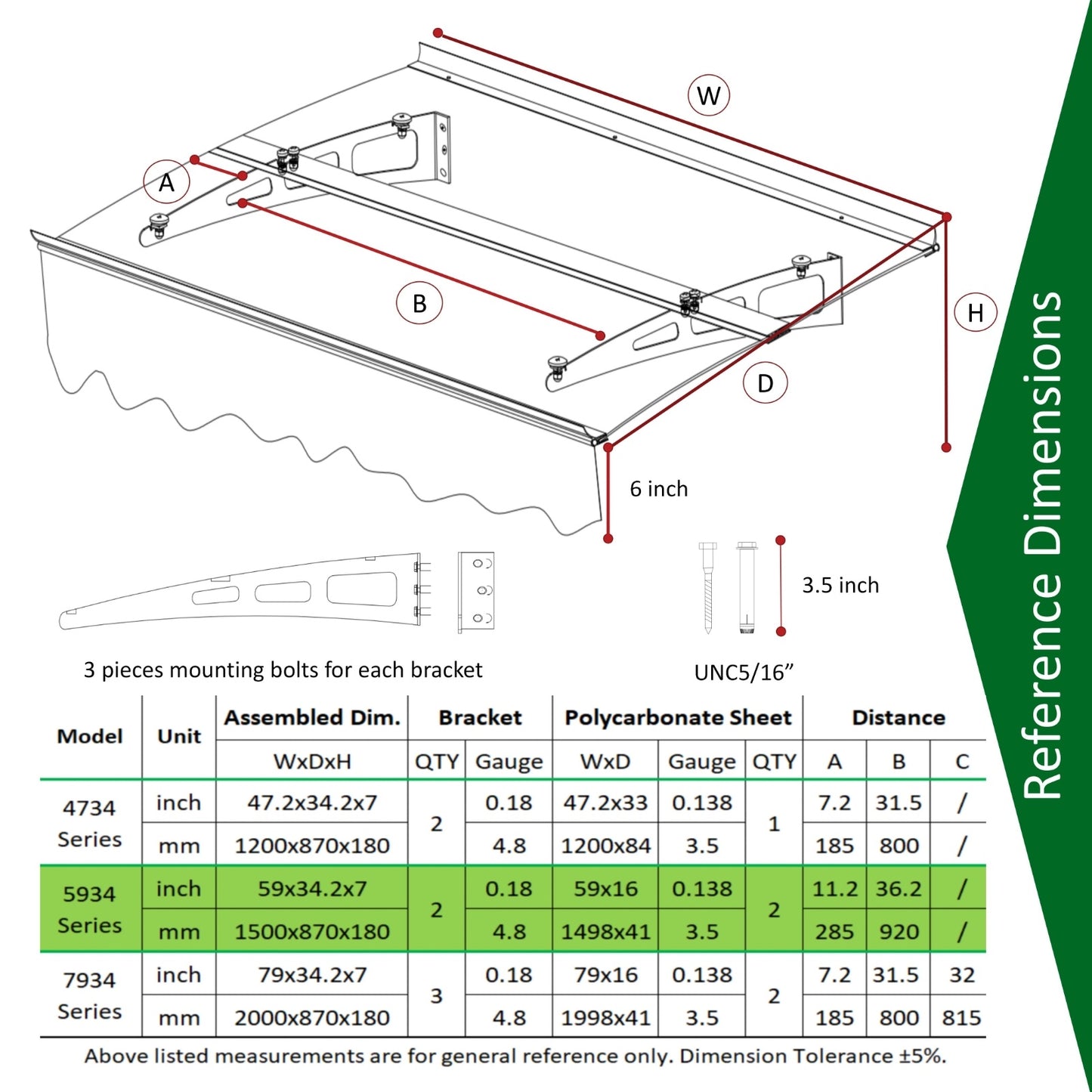 5934W Series Door Window Awning Canopy W59xD34 Made Of 0.137Inch  3.5mm Thick Virtually Crystal So