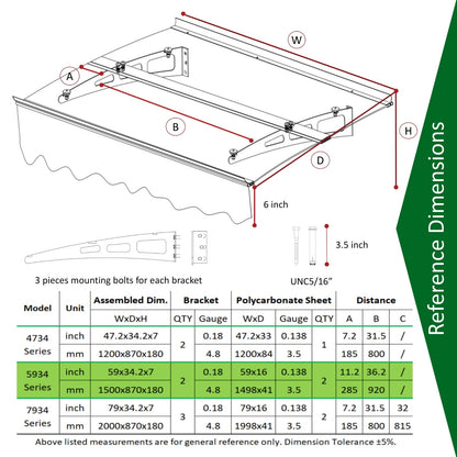 5934W Series Door Window Awning Canopy W59xD34 Made Of 0.137Inch  3.5mm Thick Virtually Crystal So