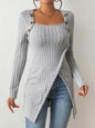 Square Collar Irregular Knitted Top With Button Design Fashion Solid Long-sleeved Long Top For Women Clothing