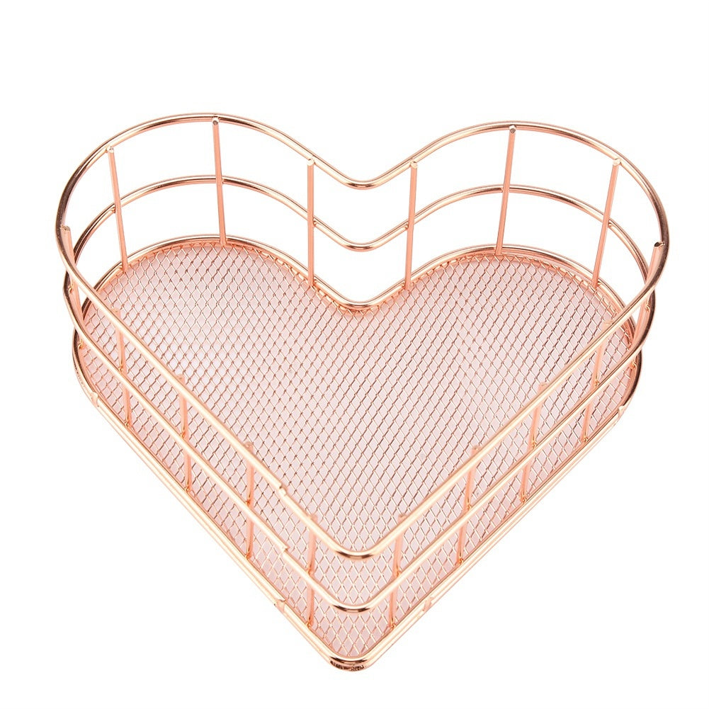 Multifunctional Anti rust Iron Heart Shape Storage Basket Household Office(Rose Golden)