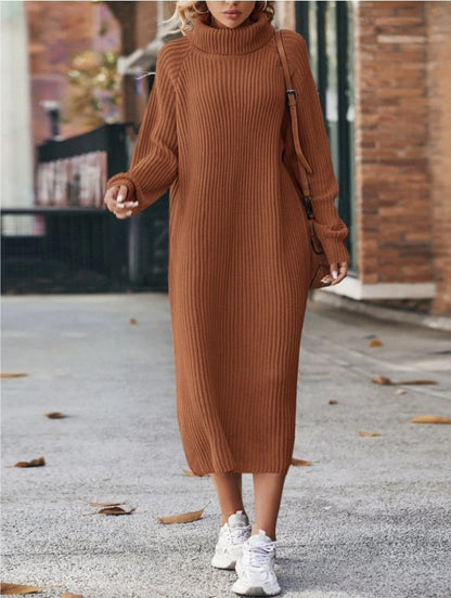 Winter Turtleneck Knitted Sweater Dress Fashion Solid Loose Pullover Long Dresses For Women Clothing