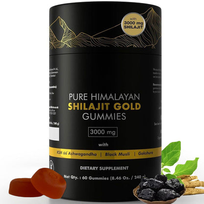 Pure Himalayan Shilajit Gummies Gold  Lab Tested No Added Sugar  Ashwagandha, GokshuraFulvic Acid & 85 Trace Minerals  For Men, Women  Non-GMO   Natural & Organic 60 Gummy