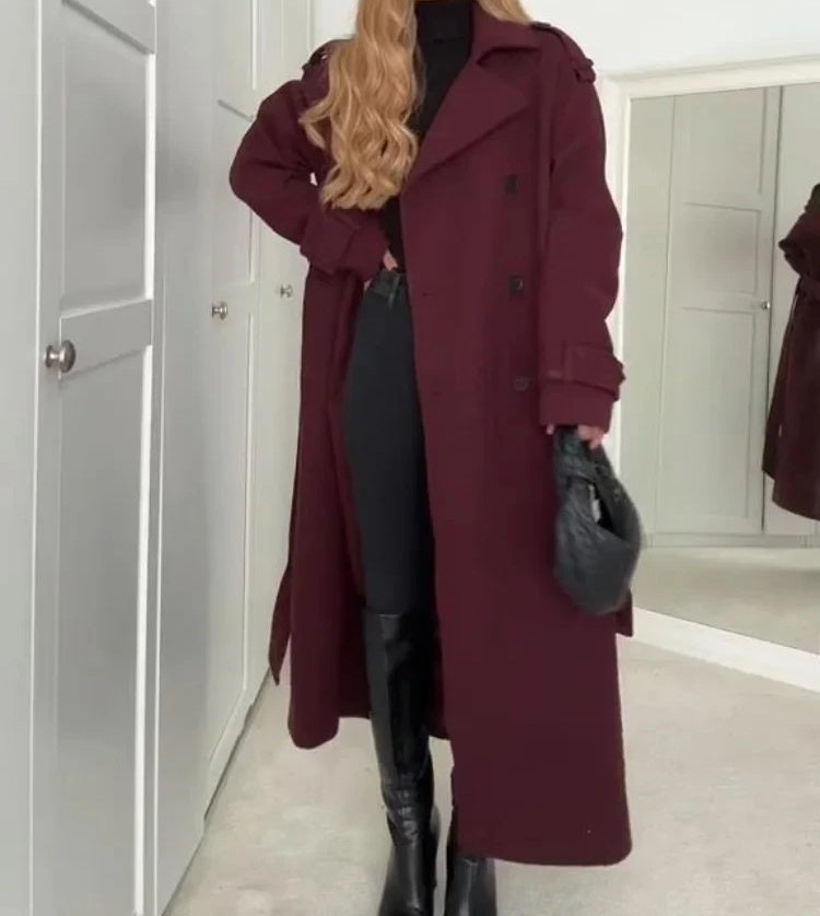 Fashion Lapel Woolen Coat With Belt Winter Double-breasted Trench Long Jacket For Women Clothing