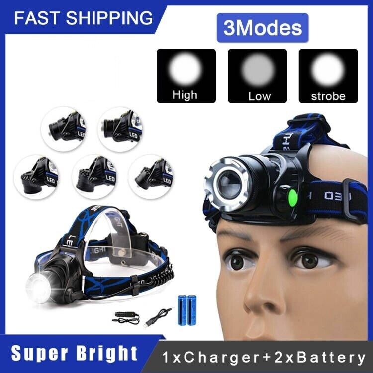 LED Head Torch Headlight Camping Headlamp Rechargeable Waterproof Fishing Light