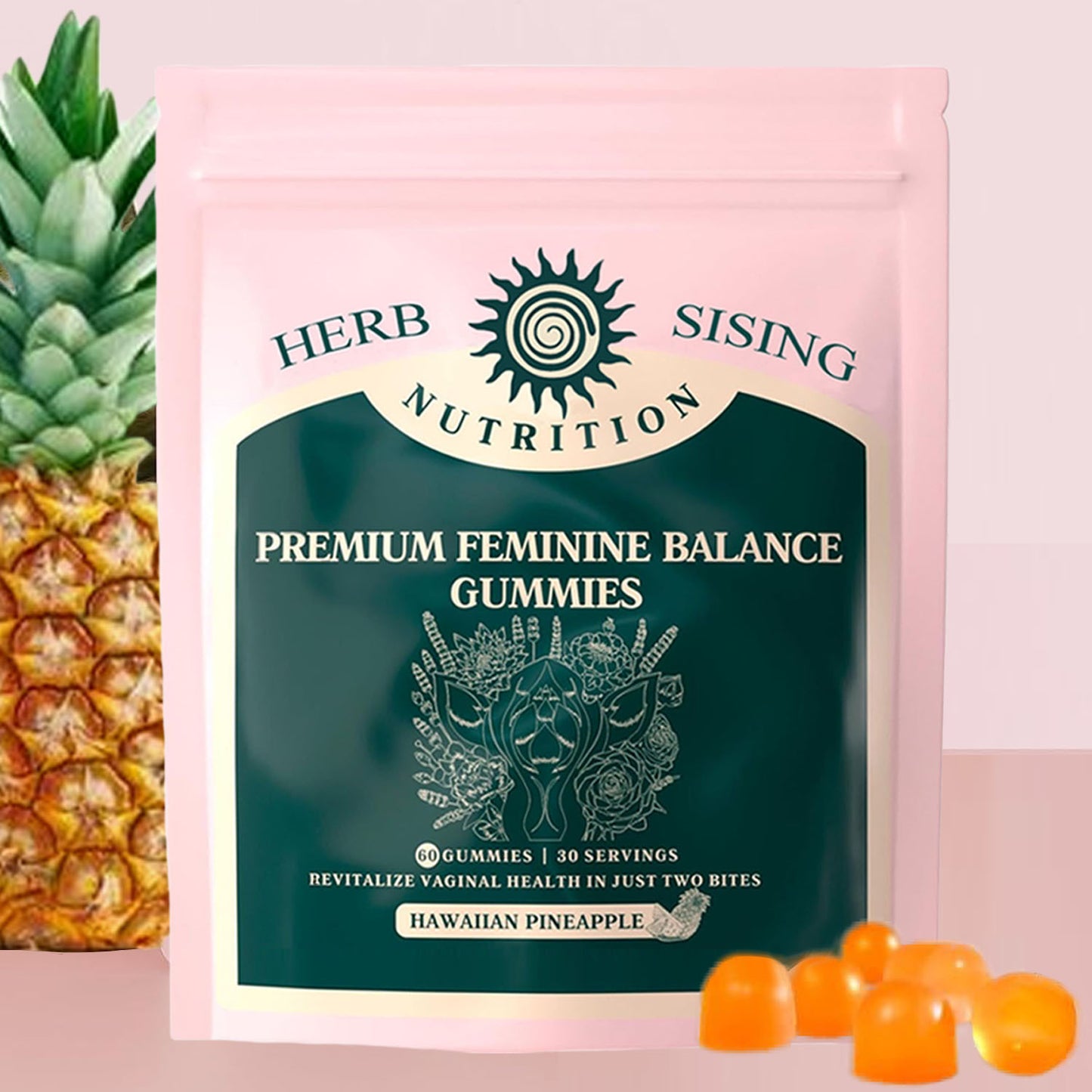 Premium Feminine Balance Gummies For Women's Vital Health, Wellness And Immune Support, Hawaiian Pineapple Flavor, Vegan, Gluten-Free & Halal, 30 Servings