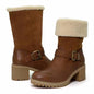 Fashion Boots With Buckle Chunky Heel Shoes Warm Winter Round Toe Western Boots For Women