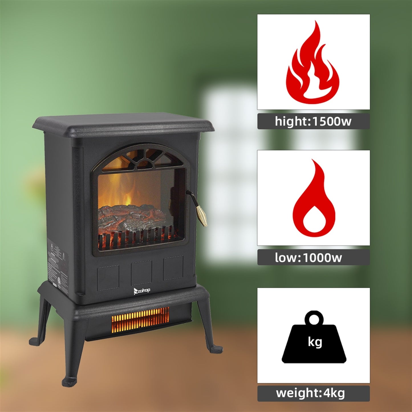 HT1108 1500w Vertical Fireplace Machinery Fake Firewood Single Color 2 Quartz Tubes Black