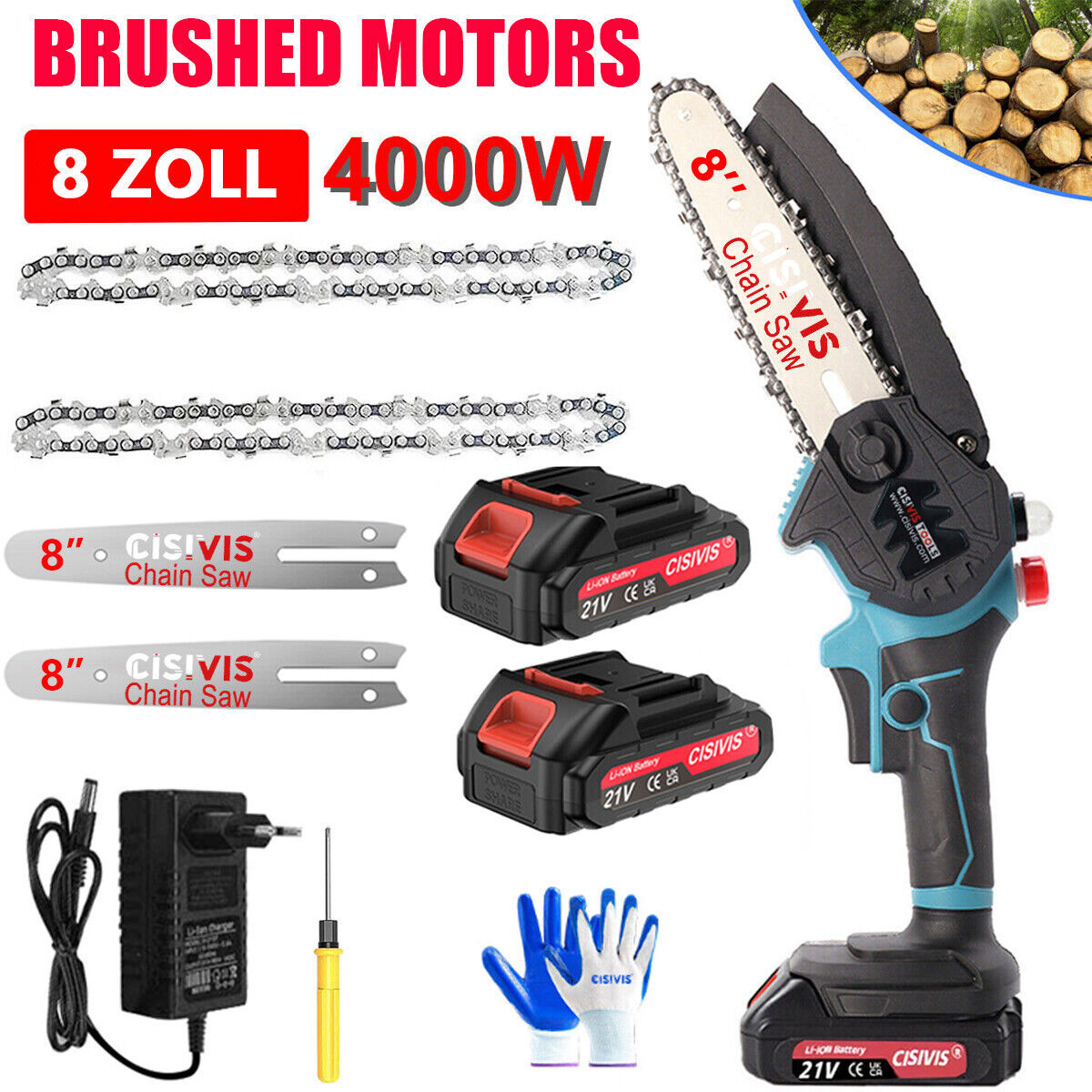 Cordless Chainsaw, Two Electric And One Rechargeable, Two 8-inch With Oil Pot, European Standard DE