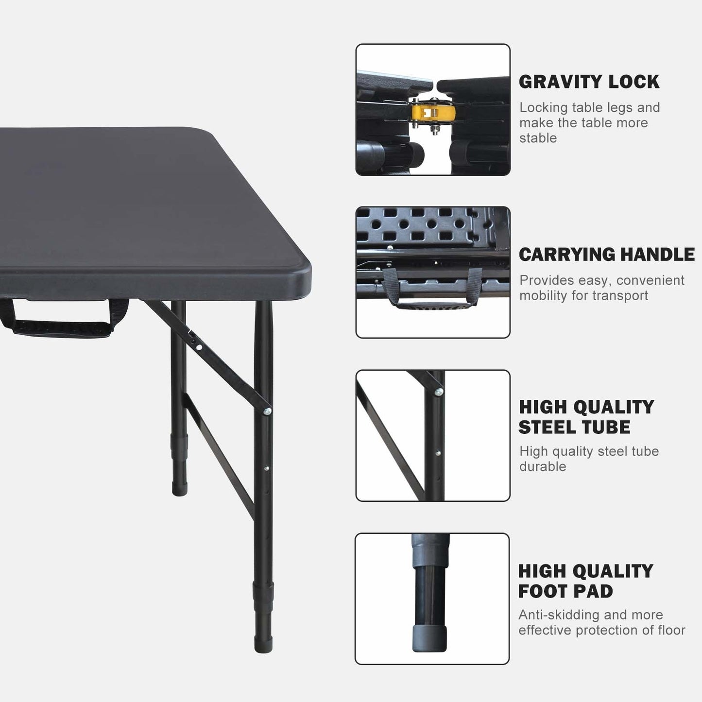 4ft Portable Folding Table Indoor&Outdoor Maximum Weight 135KG Foldable Table For Camping Black