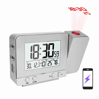 Projection Alarm Clock for Bedroom with Thermometer Hygrometer Digital Project Ceiling Clock Dimmable LED Display with USB Charger 180°Rotable with Dual Alarms 12/24H Snooze