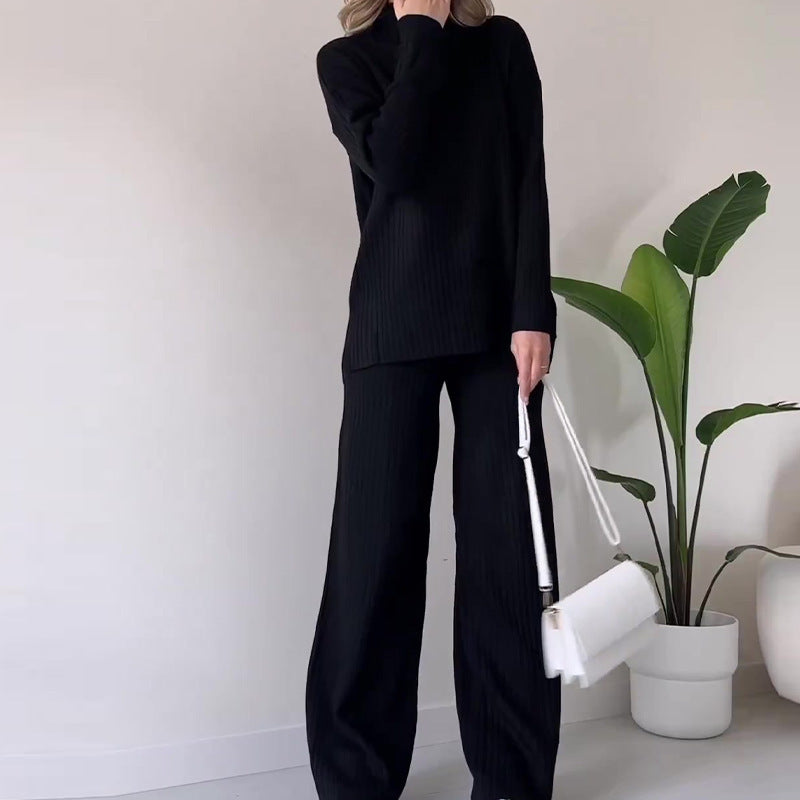 Turtleneck Knitted Suit Loose Split Design Long-sleeved Top And Straight Trousers Fashion Casual Solid Set Women's Clothing