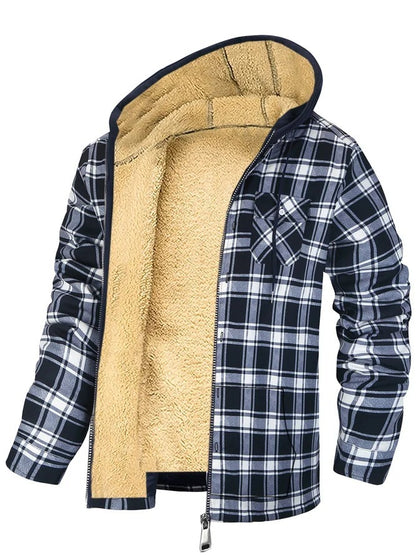 Men's Plaid Print Hooded Zip-Up Jacket Winter Thickened Cotton-padded Coat Warm Clothing