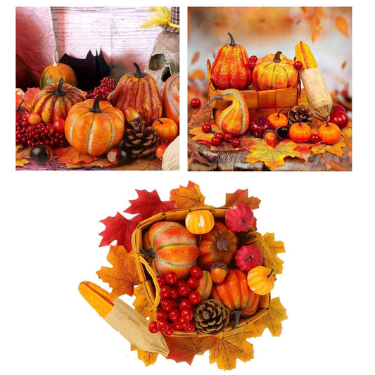 49 Pcs Fall Pumpkin Decoration Lifelike Artificial Pumpkin Pine Cones Hazelnuts Corn Red Berries Maple Leaves Models