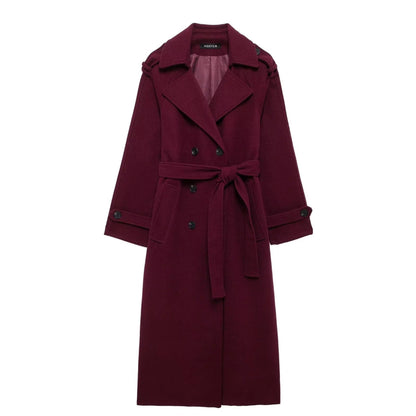 Fashion Lapel Woolen Coat With Belt Winter Double-breasted Trench Long Jacket For Women Clothing