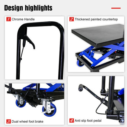 Hydraulic Lift Trolley, 500 LBS Capacity, With 4 Wheels, For Material Handling And Transportation, BLACK BLUE