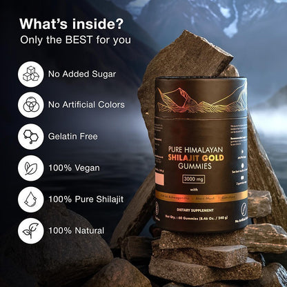 Pure Himalayan Shilajit Gummies Gold  Lab Tested No Added Sugar  Ashwagandha, GokshuraFulvic Acid & 85 Trace Minerals  For Men, Women  Non-GMO   Natural & Organic 60 Gummy