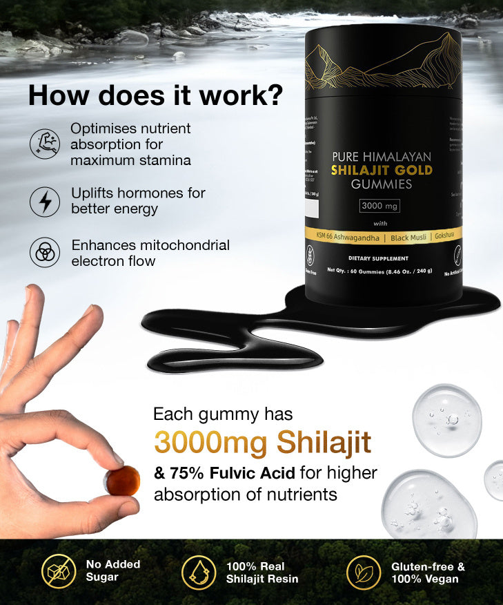 Pure Himalayan Shilajit Gummies Gold  Lab Tested No Added Sugar  Ashwagandha, GokshuraFulvic Acid & 85 Trace Minerals  For Men, Women  Non-GMO   Natural & Organic 60 Gummy