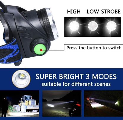 T6 Headlamp Rechargeable 350000LM LED Zoom  Headlight Head Torch USB Line